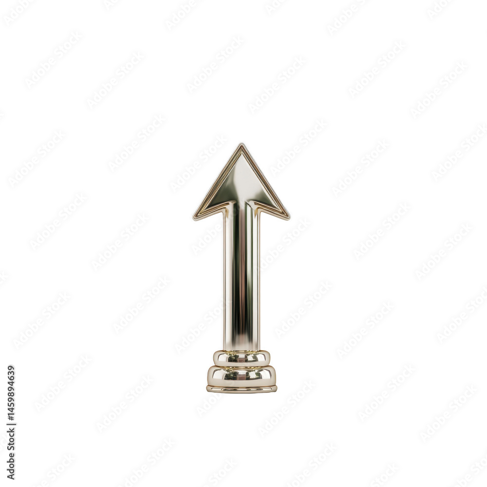 Poster shiny metallic arrow pointing upwards stands against plain background, symbolizing direction and pro