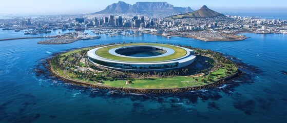 Naklejka premium Coastal stadium on island, city backdrop. Stunning aerial view