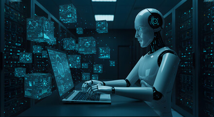 White Robot Working on Laptop in Dark Server Room with Holographic Data Cubes