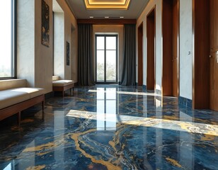Modern luxury hallway with marble epoxy flooring. Swirling blue gold patterns, metallic accents. Organic-industrial design, high-end aesthetic. Sunlight reflection. Elegant, sophisticated interior.