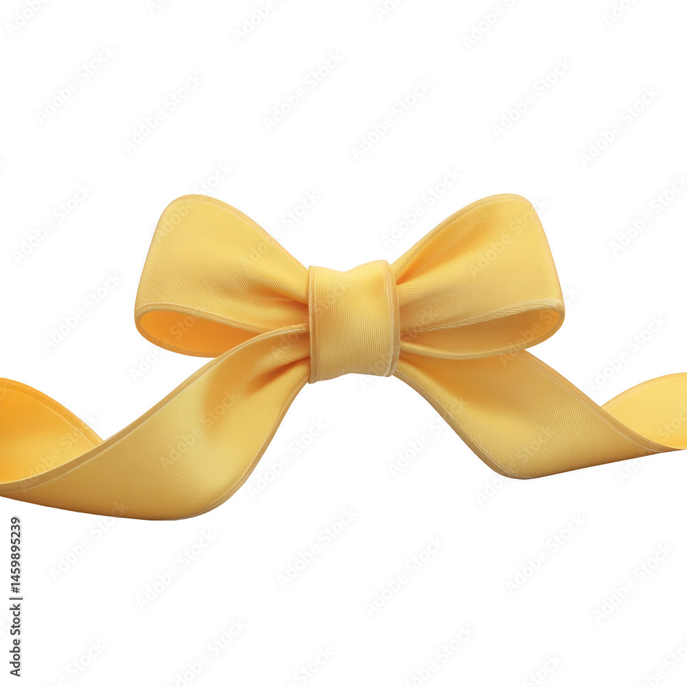 Poster yellow ribbon bow with smooth texture and elegant loops is displayed against transparency background