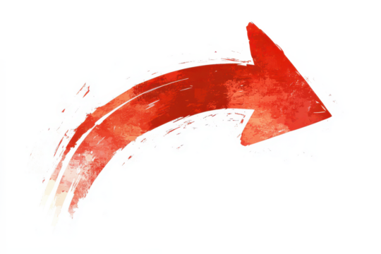 A watercolor style red arrow pointing to the right with brush stroke texture on a white background