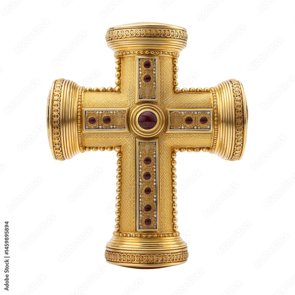 Poster ornate gold cross with intricate detailing and embedded gemstones, showcasing luxurious craftsmanshi