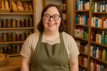 A woman with Down syndrome is a shop assistant, smiling