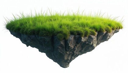 Naklejka premium Illustration depicts floating island with rich green grass and rocky base isolated on white background. Island features fresh green grass on top. Rocks make up base, perfect for design, nature topics.
