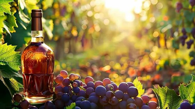 Bottles of brandy against the backdrop of a vineyard. Selective focus. drink.