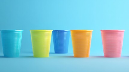 Colorful disposable cups in a row against a vibrant blue background