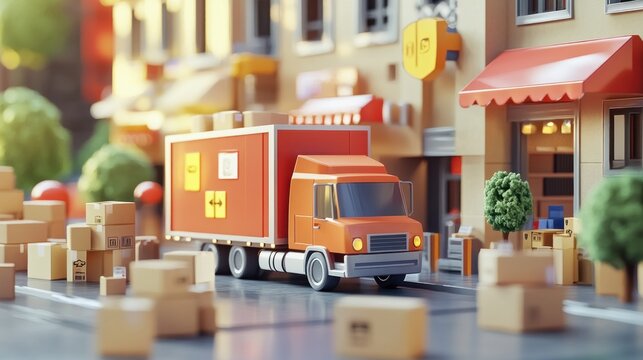 Animated city street scene, delivery truck, and packages