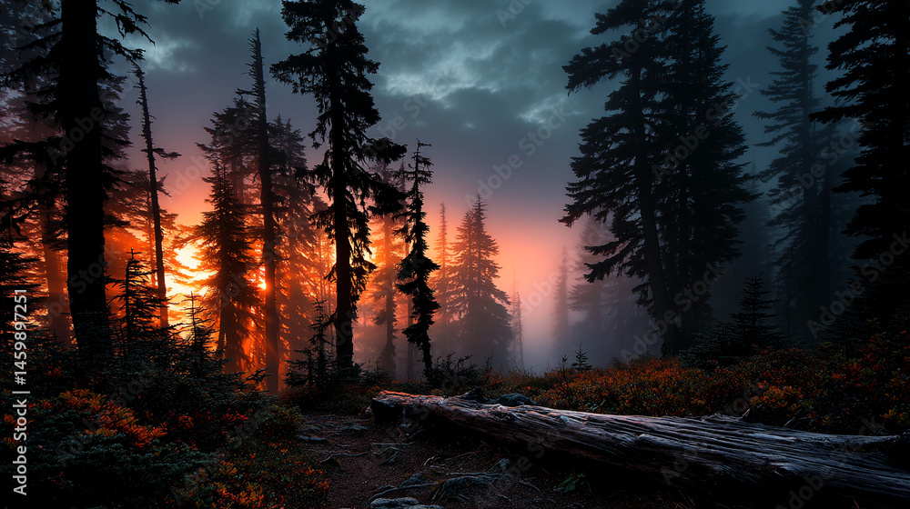 Poster Silhouetted trees in a foggy forest at sunset, orange light filtering through branches, log in foreground, creating a serene and mystical atmosphere