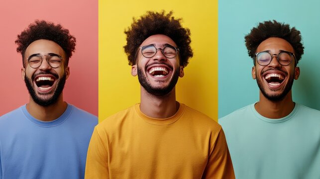 Handsome unshaven young dark-skinned male laughing out loud at funny meme he found on internet, smiling broadly, showing his white straight teeth. Positive human facial expressions and emotions illus