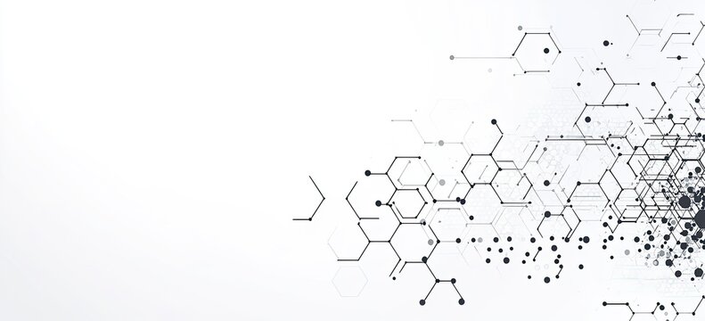 Abstract graphic design of interconnected hexagons and lines, suggesting complex molecular structures or interconnected network