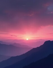 Obraz premium Gradient sunset over silhouette mountains. Pink, purple sky. Modern abstract design. Minimalist scenic view. Natural background for web design, wallpaper.