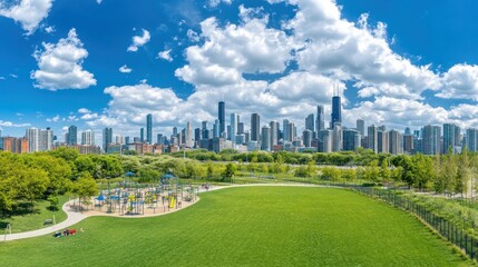 Fototapeta premium City skyline viewed from a lush park with playground.