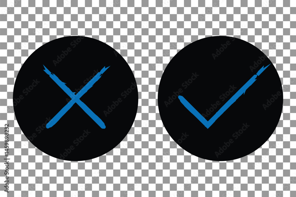 Poster green check mark, red cross, x mark icon set, hand drawn right and wrong vector sign in circle brush