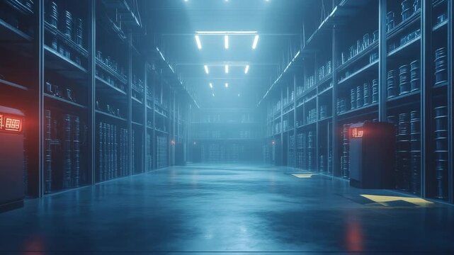 Massive iron-air battery storage facility under blue industrial lighting. Long rows of energy modules, cutting-edge renewable infrastructure and scalable energy backup for sustainable grid supoort