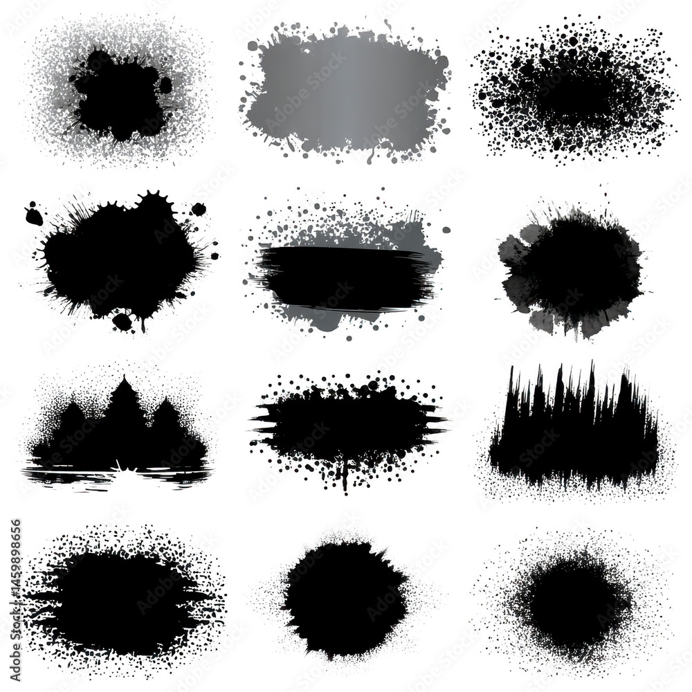 Poster collection of twelve abstract black and white grunge textures, each with unique splatter and brushst