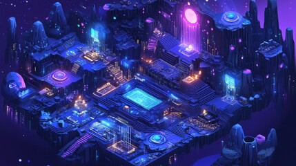 Isometric blockchain technology concept. Etherium mining, e-trade, crypto trading, global cryptocurrency blockchain founds transfer. Blue violet background. Vector isometric illustration. illustratio