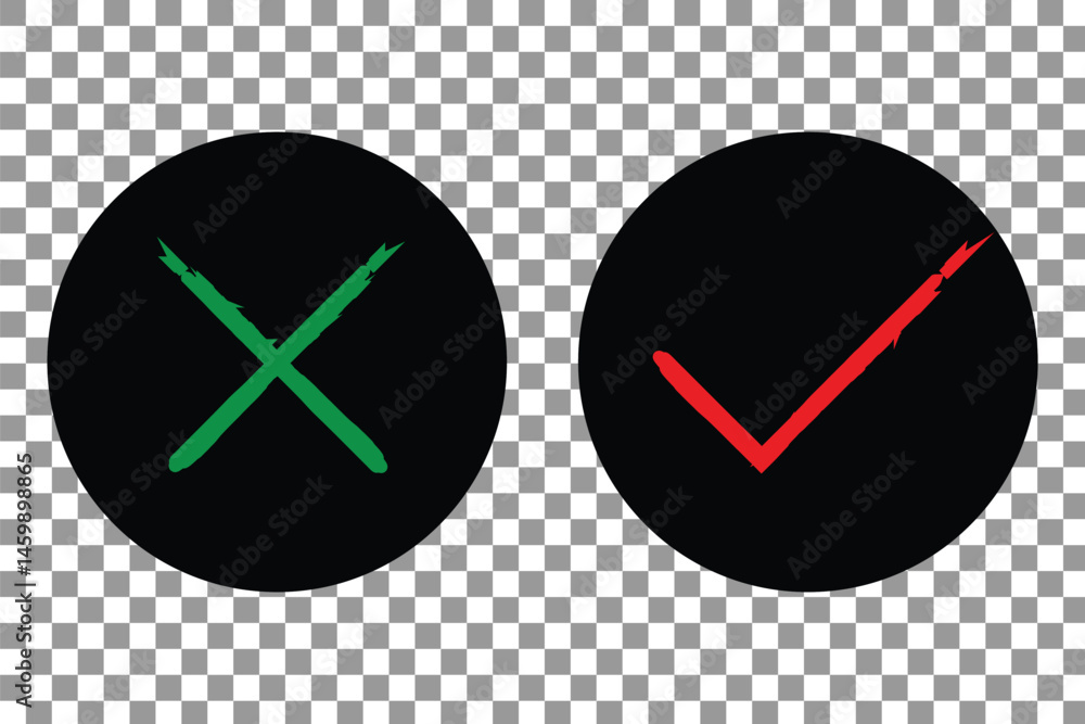 Poster green check mark, red cross, x mark icon set, hand drawn right and wrong vector sign in circle brush