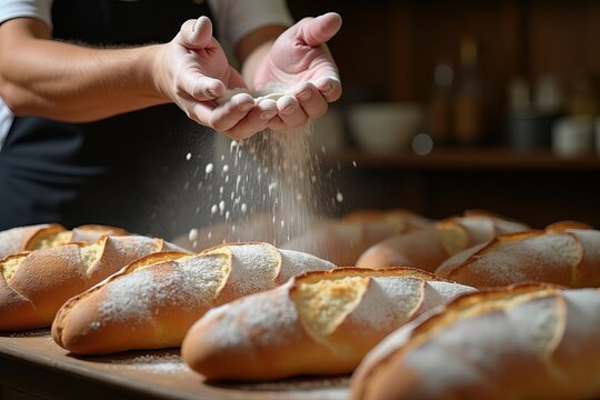 Close-up image of a baker sprinkling flour on freshly baked bread loaves in a cozy bakery.