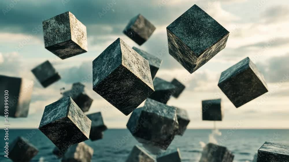 Aufkleber abstract representation of falling cubes in a dynamic coastal environment, 4k abstract falling cubes