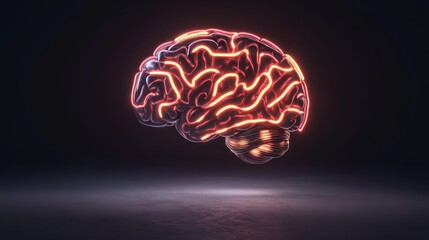 A surreal artistic interpretation of a floating brain with pulsating neon pathways representing mental well being deep shadows studio