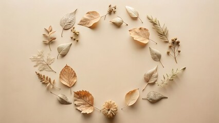 A circular arrangement of dried leaves and botanical elements on a neutral background, creating a serene and minimalist autumnal frame.