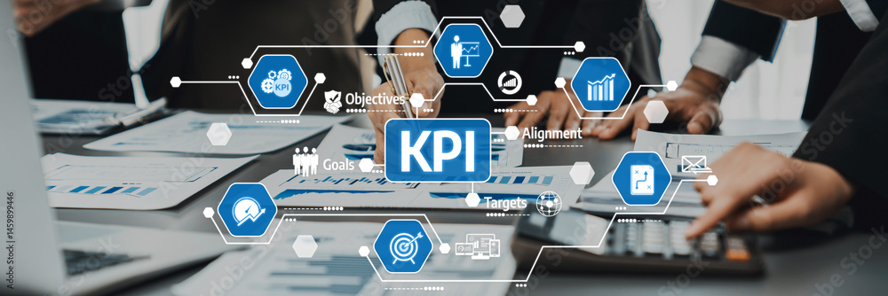 Poster engage in a business strategy meeting where teams analyze kpi metrics through visual data to enhance