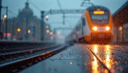 Fototapeta premium Train arrives at platform in rain. Blurred lights, raindrops, wet reflections. Railway station travel commute. Transportation, journey, speed concept. Cinematic atmospheric mood.