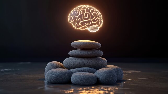A symbolic 3D illustration of a Zen stone arrangement with an abstract brain hologram glowing above it representing serenity and mindfulness - Powered by Adobe