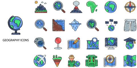 Geography simple concept 24 hand drawn color icons set. Contains such geology, science, map .Vector illustration.