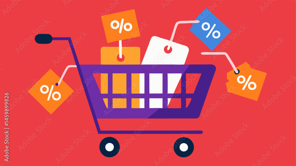 Poster shopping cart a digital shopping cart overflowing with discounted gadgets with price tags hanging fr