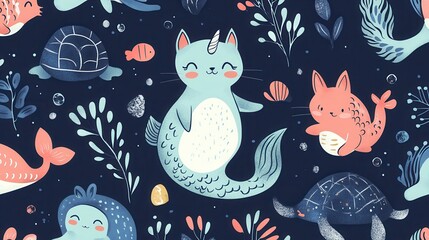 Obraz premium Mermaid seamless pattern. Narwhal and turtle, cartoon cat with fish tail. Cute sea creature, fabric print with beautiful mythical creatures, nowaday vector background illustration , no logos, no bran