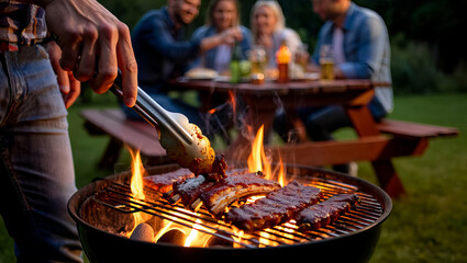 A group of friends enjoys a lively summer evening in a backyard, gathered around a grill. One person uses tongs to flip ribs sizzling over open flames, creating a warm and inviting atmosphere.