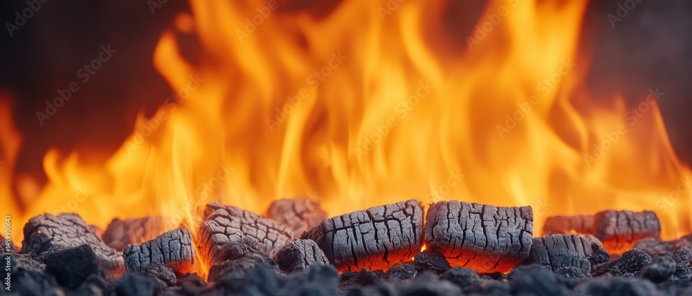 Poster close-up view of glowing charcoal and flames in a fire pit setting