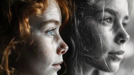 Two girls, one in color, one in black and white, side profile