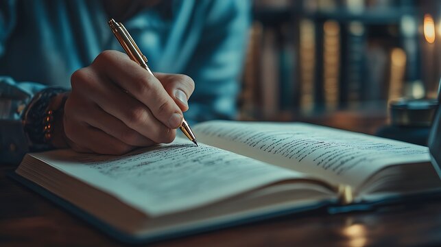 Close-up of Hand Writing in Notebook, A close-up of a person's hand writing in an open notebook with handwritten notes and diagrams