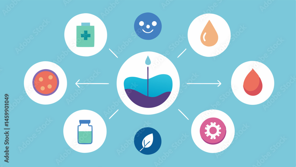 Poster infographic elements a blend of icons showing various benefits of exosome therapy hydration elastici