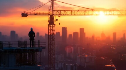 Construction Worker Silhouette at Sunset Over Cityscape