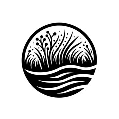 Naklejka premium Minimalist Black and White Nature Icon: Circle with Reeds, Water & Berries