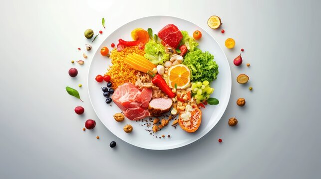 A visually stunning balanced meal plate infographic with realistic food elements arranged beautifully soft shadows vibrant yet natural color tones