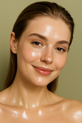 Naklejka premium Glossy Skincare Portrait of Brunette Woman with Wet Glow