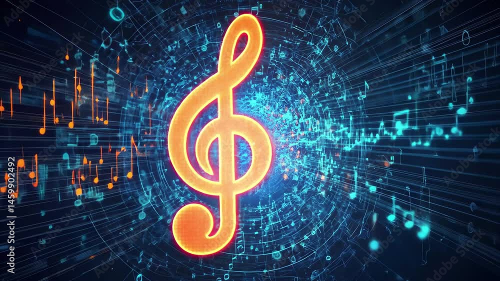 Poster music logo design features digital code and symbology, representing modern sound technology, music l