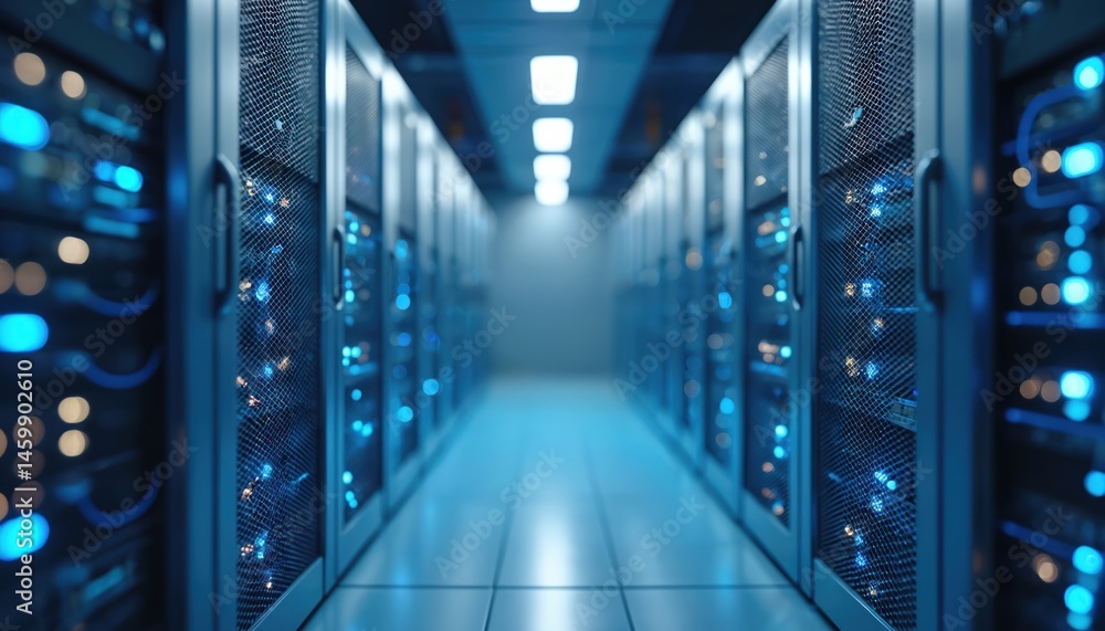 Poster futuristic data center server room. rows of servers, fiber optic connections, high-speed internet. t