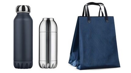 Stylish Mockup,  Dark Blue Shopping Bag, Metal & Dark Thermos Bottles