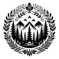 Black & White Mountain Lodge Forest Circle Design