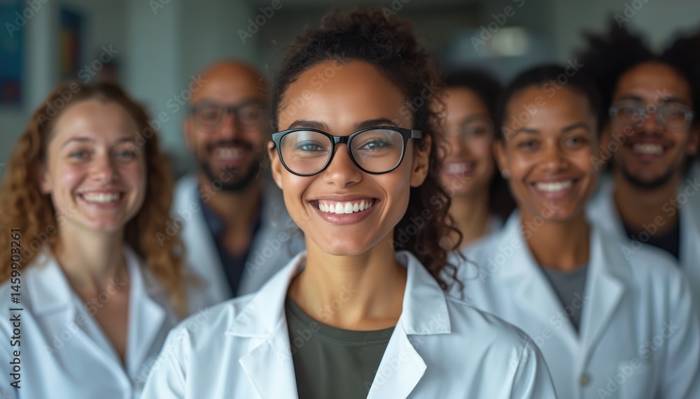 Aufkleber diverse group of scientists smiling at camera in lab coats. confident woman in front. teamwork, inno