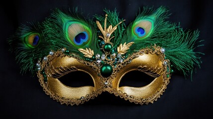 Fototapeta premium Gold mask with peacock feathers and jewels