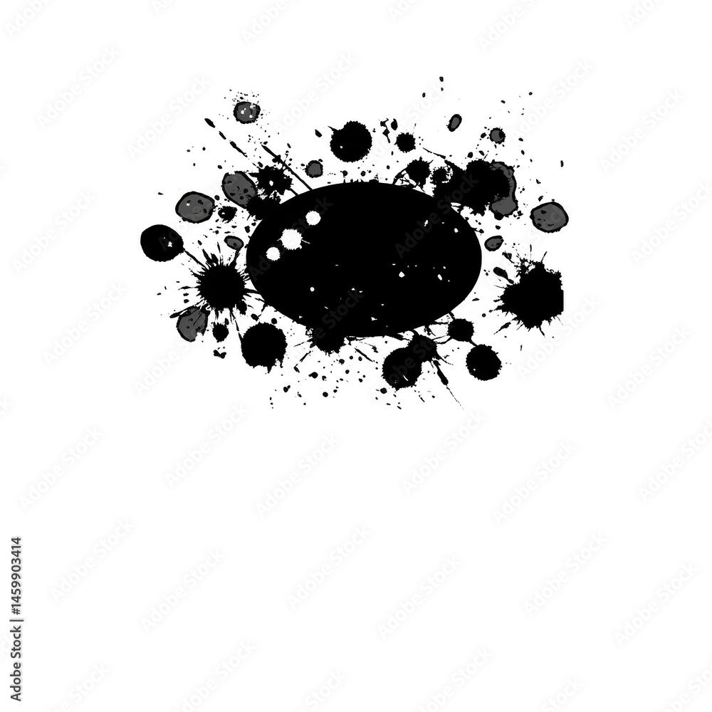 Poster this features black ink splatter with central oval shape, creating abstract and artistic design. spl