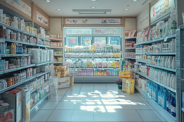 Fototapeta premium Well-Stocked Grocery Aisle with Products and Organized Shelving Displays