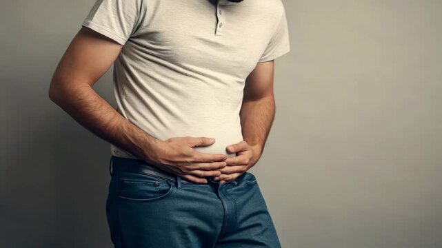 A man in a grey shirt and jeans clutching his stomach, possibly experiencing abdominal pain or discomfort.

